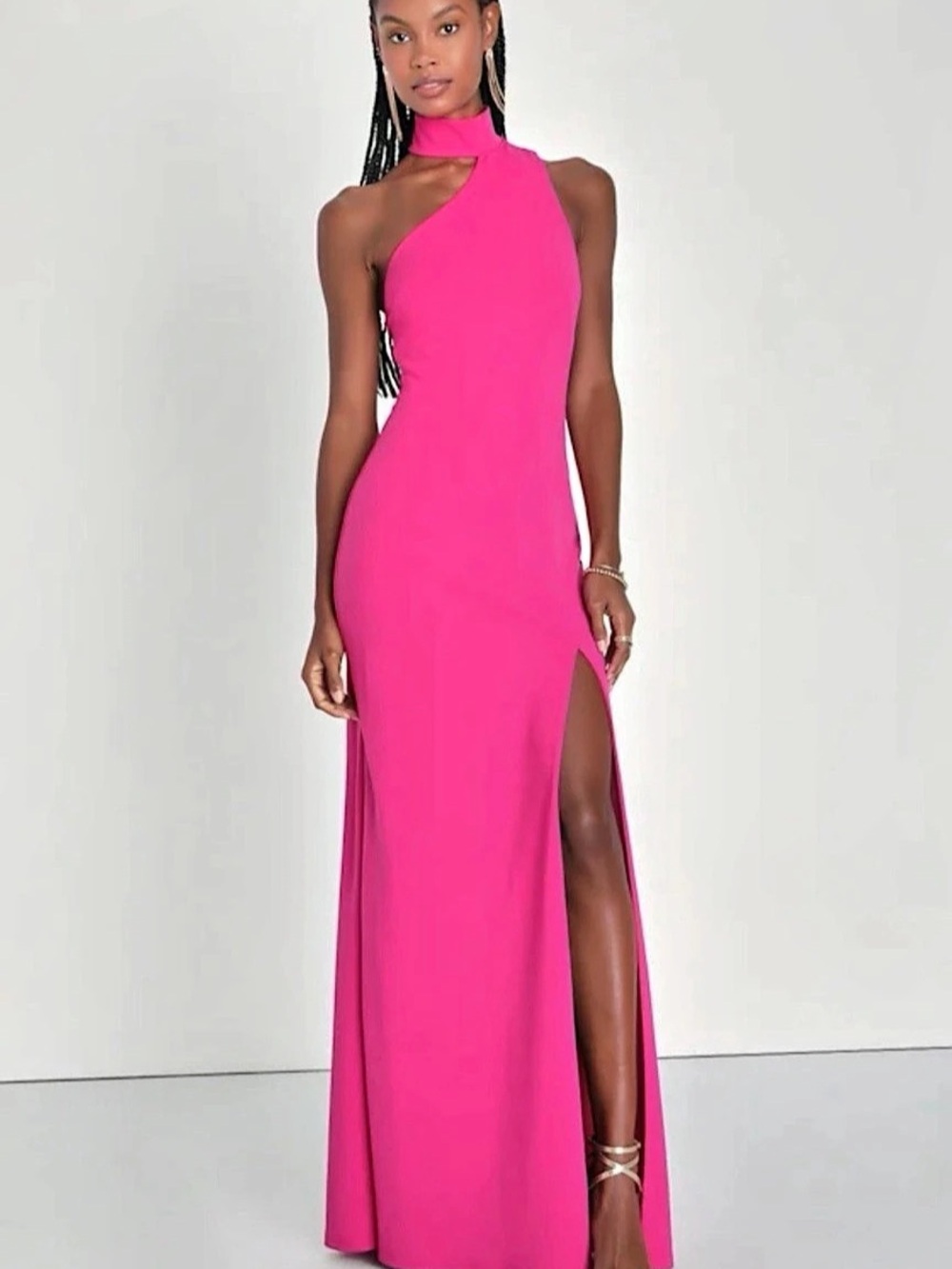 Lulus Keep It Interesting Hot Pink Asymmetrical Halter Maxi Dress